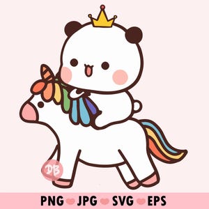 Unicorn png for kids, Kawaii Panda Bear Dudu Bubu and Baby Unicorn Rainbow - Instant Download