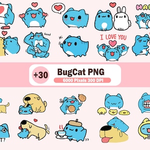 Cute Clipart Bundle + 30 Cute Kawaii PNG Clipart Set, Bugcat Capoo Clipart, Funny Cat Pack, Cartoon Character Clipart, Comic Cat Stickers