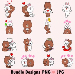 Cute Couple Brown Bear & Bunny PNG Bundle Couple clipart Gift for lovers