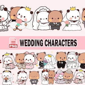 May include: A collection of cartoon wedding characters, including bears and pandas, in various wedding attire. The image features brides in white dresses and grooms in suits, with the text "WEDDING CHARACTERS" in the center.