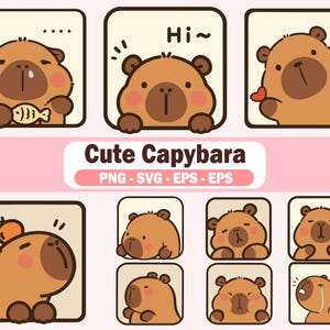 以下が含まれることがあります： 様々なポーズや表情の、かわいい漫画のカピバラのイラストのコレクション。画像には「Cute Capybara」というテキストと、ファイルの種類情報（PNG、SVG、EPS）が含まれています。