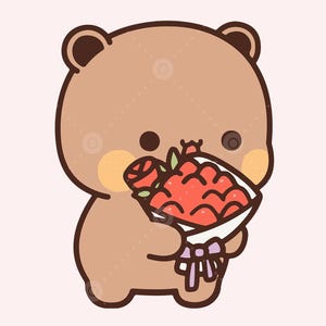 May include: A cartoon brown bear holding a bouquet of red roses with green leaves and a purple ribbon.