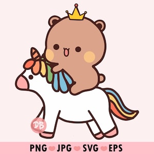 Unicorn png for kids, Kawaii Bear Dudu Bubu and Baby Unicorn Rainbow - Instant Download