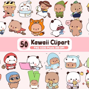 Peut inclure: Une collection de 50 images clipart kawaii mettant en vedette d'adorables ours et pandas de dessins animés dans divers costumes et poses. Le clipart comprend des ours déguisés en bonhomme de neige, en ouvrier du bâtiment et en renard. Le texte "50 Kawaii Clipart" est également inclus.