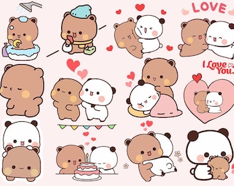 May include: Cute cartoon illustration of a brown bear and a panda bear in various poses, expressing love and affection. The illustration features hearts, flowers, and the text "LOVE" and "I LOVE YOU."