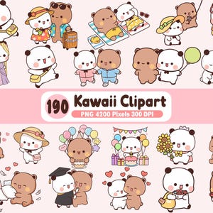 May include: A collection of 190 digital illustrations featuring cartoon bears in various activities, including traveling, sunbathing, celebrating with balloons and cakes, and wearing costumes. The text 190 Kawaii Clipart PNG 4200 Pixels 300 DPI is visible.