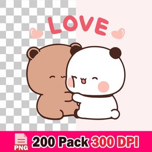 May include: A cartoon illustration of two hugging characters, one brown and one white, with pink cheeks. The word "LOVE" is written in pink above them, with two pink hearts. The image has a pink and transparent background.