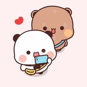 Puede incluir: Un panda blanco con la nariz rosa y un oso marr&oacute;n con la mejilla amarilla sostienen un tel&eacute;fono azul y un coraz&oacute;n rojo. El panda lleva un accesorio amarillo en forma de pl&aacute;tano.