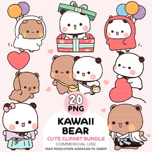 Peut inclure: Ensemble de cliparts d'ours Kawaii dans diverses poses, dont certains tiennent des ballons, un cœur et sont dans une boîte cadeau. Les ours sont de couleurs marron et blanc, avec des accents roses. Le texte indique "KAWAII BEAR" et "CUTE CLIPART BUNDLE".