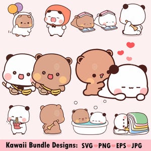 Kawaii Panda Bear Couple Bundle, Bubu Dudu love, clipart, cute cartoon, svg png, printable digital drawing, Cute animal, panda bear cuteness