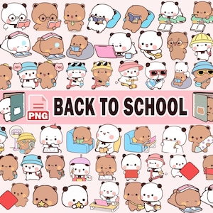 May include: A collection of cartoon panda and bear characters in various poses, some reading books, using laptops, or wearing accessories. The phrase "BACK TO SCHOOL" is displayed in large text, with a PNG file icon.