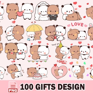 May include: A collection of cute cartoon bear illustrations in various romantic and celebratory poses. The bears are brown and white, with hearts and the word "LOVE" scattered throughout. The image includes the text "100 GIFTS DESIGN".