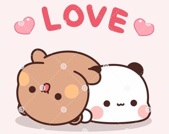 May include: A brown bear and a white panda bear with pink cheeks are cuddling. The word "LOVE" is written in pink above them.
