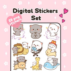 Peut inclure: Ensemble d'autocollants numériques avec des chats de dessins animés mignons. Les autocollants incluent des chats sur une licorne, un lion, un dauphin et une girafe. Le texte "Digital Stickers Set" et "20 png stickers" est également visible.