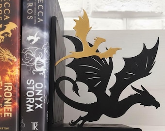Sujetalibros "Jinetes de Dragones" – Decoración de Fantasía de Vuelo y Rayos – Silueta de Dragón Negro para Estantería de Libros de Magia