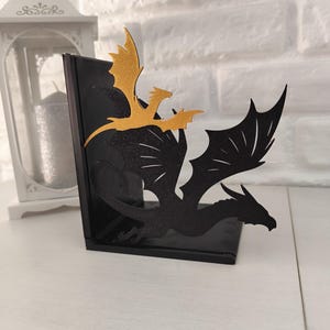 Sujetalibros de dragón negro y dorado estilo fantasía épica, regalo literario para Navidad, San Valentín, Día del Libro y cumpleaños