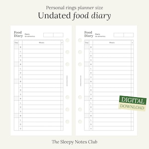 Op de afbeelding: Een printbare voedsel dagboek sjabloon voor persoonlijke ringplanners. De sjabloon heeft twee pagina's met de tekst "Food Diary" en "Diario de alimentos" bovenaan. De pagina's zijn verdeeld in kolommen voor "Day" en "Meals".