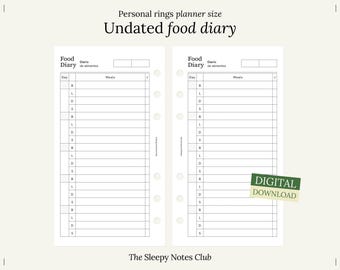 Könnte beinhalten: Eine druckbare Vorlage für ein Ernährungstagebuch für persönliche Ringplaner. Die Vorlage besteht aus zwei Seiten mit dem Text "Food Diary" und "Diario de alimentos" oben. Die Seiten sind in Spalten für "Day" und "Meals" unterteilt.