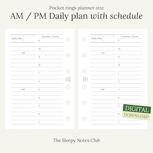 May include: A printable daily planner page for a pocket-sized ring planner. The page is divided into two columns, one for "Daily Plan" and the other for "Schedule/Events". The page is designed for use with a pocket-sized ring planner.