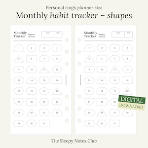 May include: A printable monthly habit tracker for personal ring planners. The tracker features 31 different shapes for each day of the month. The tracker is designed for use with personal ring planners.