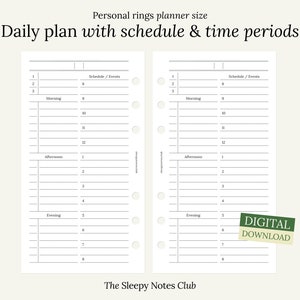 04 Personal size printable – Daily Plan with Schedule & Time Periods – Daily Planner, Personal ring planner insert, Minimal planner