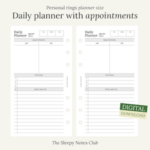 Puede incluir: Un inserto de planificador diario para anillos personales, con secciones para citas, prioridades y una lista de tareas diarias. El planificador incluye el texto "Daily Planner with appointments" y "Digital Download".