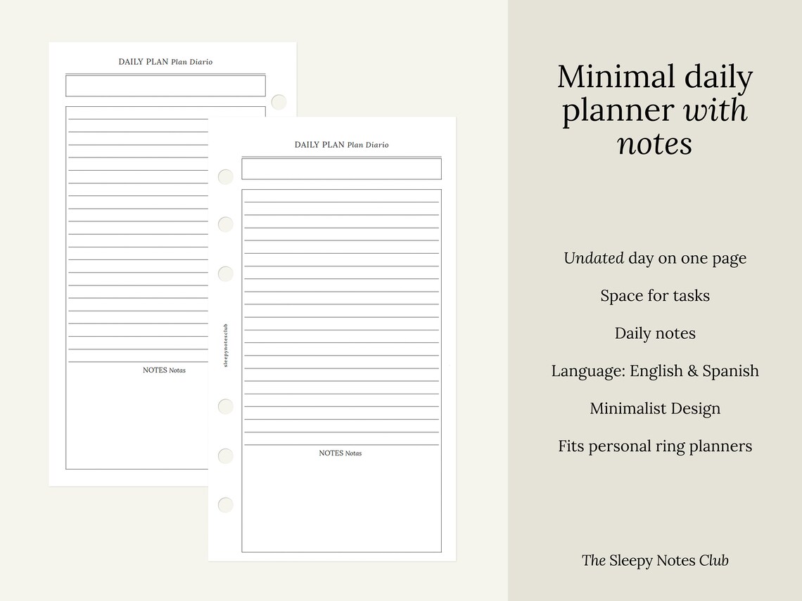 19 Personal Size Printable – Minimal Daily Planner With Notes – Daily ...
