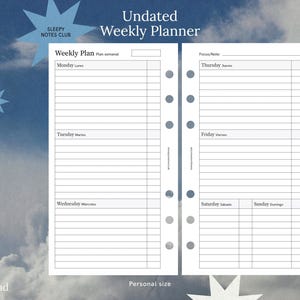 May include: A white undated weekly planner insert with sections for each day of the week. The planner includes the text "Weekly Plan" and "Personal size". The background has a blue sky and cloud design. Ideal for organising weekly schedules.