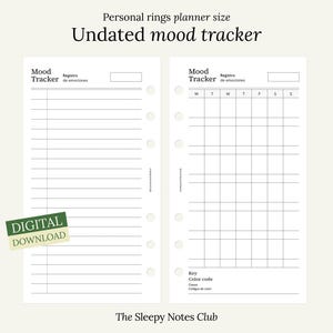 Op de afbeelding: Printbare mood tracker voor persoonlijke ringplanners. De linker pagina heeft gestreept papier voor journalen en de rechter pagina heeft een raster om de stemming dagelijks bij te houden. De tekst "Mood Tracker" en "Registro de emociones" is zichtbaar op de pagina.