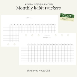 以下が含まれることがあります： パーソナルリングプランナー用に設計された、印刷可能な毎月の習慣トラッカーページ2枚。ページは白で、黒いグリッドラインと上部に「HABIT Tracker」というテキストがあります。画像の右上隅には緑色のボックスに「DIGITAL DOWNLOAD」というテキストがあります。画像の下部には「The Sleepy Notes Club」というテキストがあります。