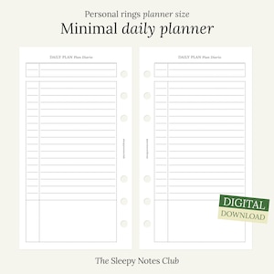 Puede incluir: Una página de planificador diario imprimible para planificadores de anillos de tamaño personal. La página está dividida en dos columnas con el texto "DAILY PLAN Plan Diario" en la parte superior de cada columna. La página está diseñada para una planificación diaria mínima.