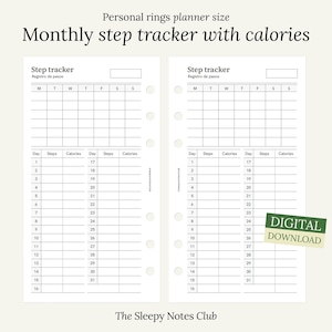 May include: Printable monthly step tracker and calorie tracker for personal size ring planners. The tracker has a grid layout with columns for days of the week, steps, and calories. The text "Digital Download" is in green.