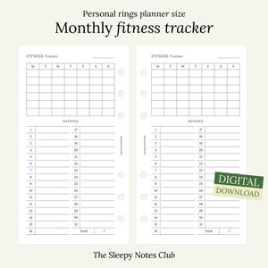 Op de afbeelding: Een printbare maandelijkse fitness tracker ontworpen voor persoonlijke ringplanners. De tracker bevat een raster voor elke dag van de week en een genummerde lijst voor het bijhouden van de activiteit.
