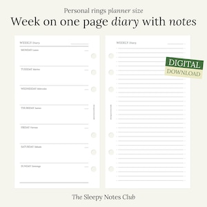 03 Personal size printable – WO1P Week on One Page Diary with Notes – Weekly Planner, Personal rings insert, Minimal, Weekly Diary Journal