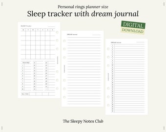 May include: Printable digital download of a sleep tracker and dream journal for personal size ring planners. The sleep tracker has a weekly grid and a section for hours of sleep. The dream journal has lined pages for writing.