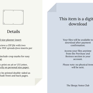 May include: A digital download for a personal size planner insert. The text says "This item is a digital download" and includes details about the printable PDF spreads, crop marks, and double-sided printing.