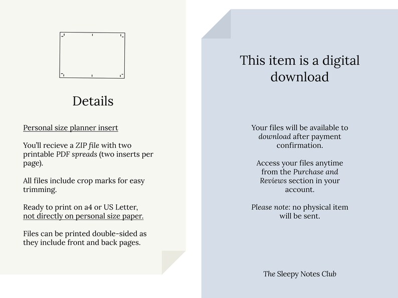 May include: A digital download for a personal size planner insert. The text says "This item is a digital download" and includes details about the printable PDF spreads, crop marks, and double-sided printing.