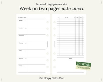 02 Personal size printable – Undated Week on Two Pages with Inbox – Weekly Planner, Personal rings insert, Minimal planner, Weekly inbox