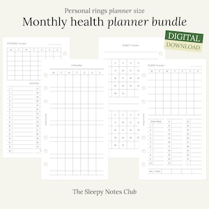May include: A printable monthly health planner bundle for personal rings planners. The bundle includes a fitness tracker, calendar, habit tracker, and sleep tracker. The pages are black and white and have a grid layout.