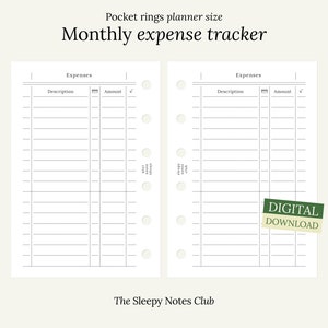 May include: A printable monthly expense tracker designed for pocket-sized planners. The tracker has two columns, one for description and one for amount. The text "Pocket rings planner size" and "Monthly expense tracker" is at the top of the page. The text "DIGITAL DOWNLOAD" is in a green box at the bottom right corner of the page.