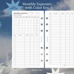 May include: A planner insert with the text "Monthly Expenses with Color Key." The insert includes sections for tracking expenses, with columns for dates, descriptions, categories, and amounts. The text "SLEEPY NOTES CLUB" is also visible.