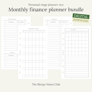 Pode incluir: Um pacote de planejadores financeiros mensais imprimíveis para planejadores de anéis pessoais. O pacote inclui páginas para despesas fixas, rendimentos, despesas e um calendário mensal. As páginas são projetadas para uso com um planejador de anéis pessoal.