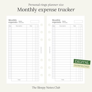 29 Personal size printable – Monthly expense tracker– Personal ring planner, Minimal Monthly finance, bills tracker insert, ring planner
