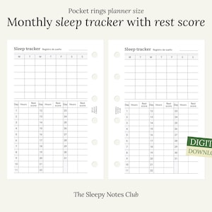 Puede incluir: Un inserto de planificador con el texto "Monthly sleep tracker with rest score". Las páginas son blancas con líneas de cuadrícula y texto en negro. El inserto incluye una pegatina de "DIGITAL DOWNLOAD". The Sleepy Notes Club está impreso en la parte inferior.