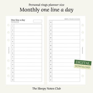 Op de afbeelding: Een afdrukbare maandelijkse plannerpagina met een lay-out van één regel per dag. De pagina is ontworpen voor persoonlijke ringplanners en bevat de tekst "Maandelijkse planner één regel per dag" en "The Sleepy Notes Club".
