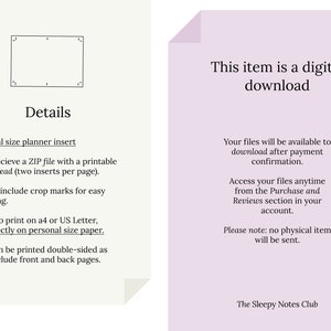 May include: A digital download listing for a printable personal size planner insert. The text says "This item is a digital download" and includes details about the product, such as the file format, size, and printing instructions. The text also says "The Sleepy Notes Club".