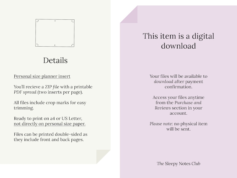 May include: A digital download listing for a printable personal size planner insert. The text says "This item is a digital download" and includes details about the product, such as the file format, size, and printing instructions. The text also says "The Sleepy Notes Club".