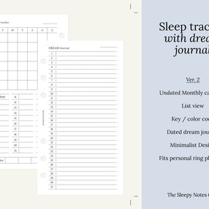 May include: A printable sleep tracker and dream journal with a monthly calendar, key/color code, and dated dream journal. The design is minimalist and fits personal ring planners.