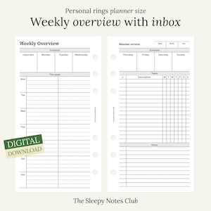 May include: A digital download planner insert for personal rings. The design includes a weekly overview with inbox, schedule, and task sections. The text includes "Weekly overview with inbox", "Weekly Overview", and "DIGITAL DOWNLOAD". The Sleepy Notes Club is also visible.