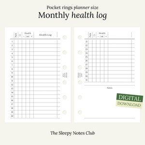 May include: A printable monthly health log for pocket rings planners. The design includes sections for tracking pain, health, and a health log, with space for notes. The text "DIGITAL DOWNLOAD" is visible.